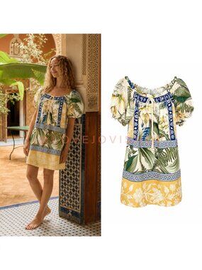 Resort | Lanca Perfume Floral Puff Sleeve Sheath Dress | Tropical Yellow Teal M